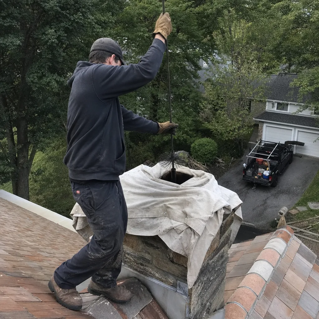 Professional chimney sweep cleaning a brick chimney from a rooftop