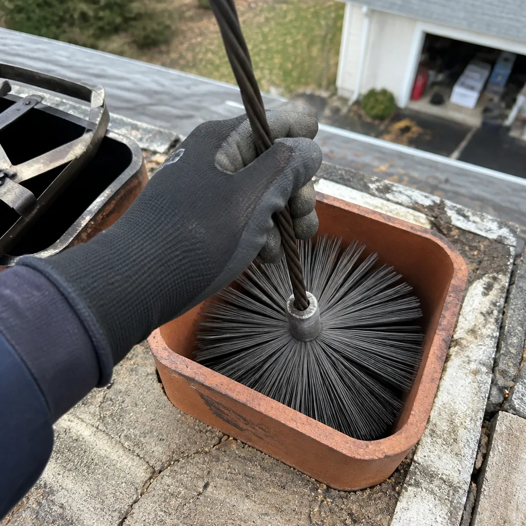 Professional chimney sweep cleaning a chimney flue with a wire brush