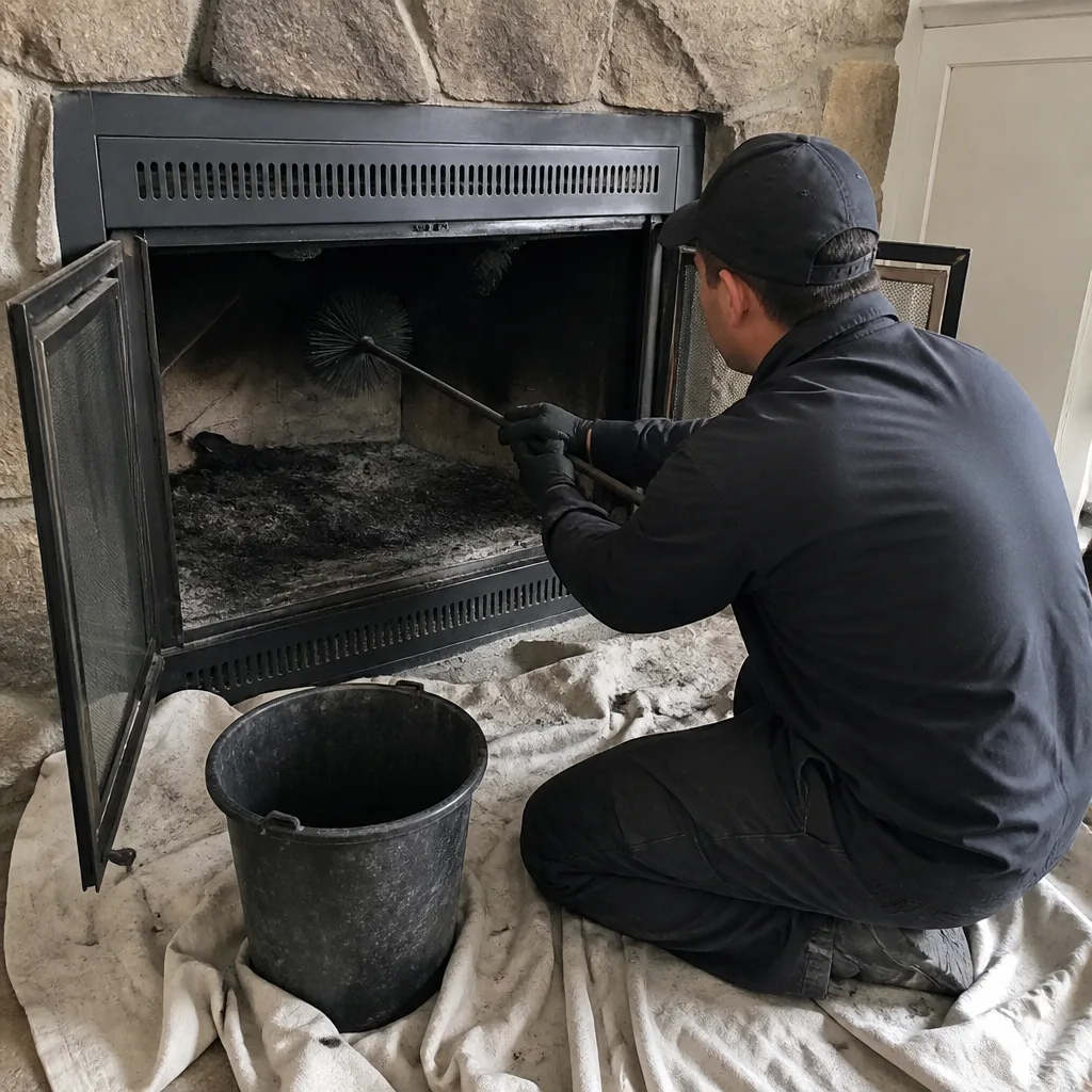 Professional chimney sweep cleaning a fireplace with a brush and bucket.
