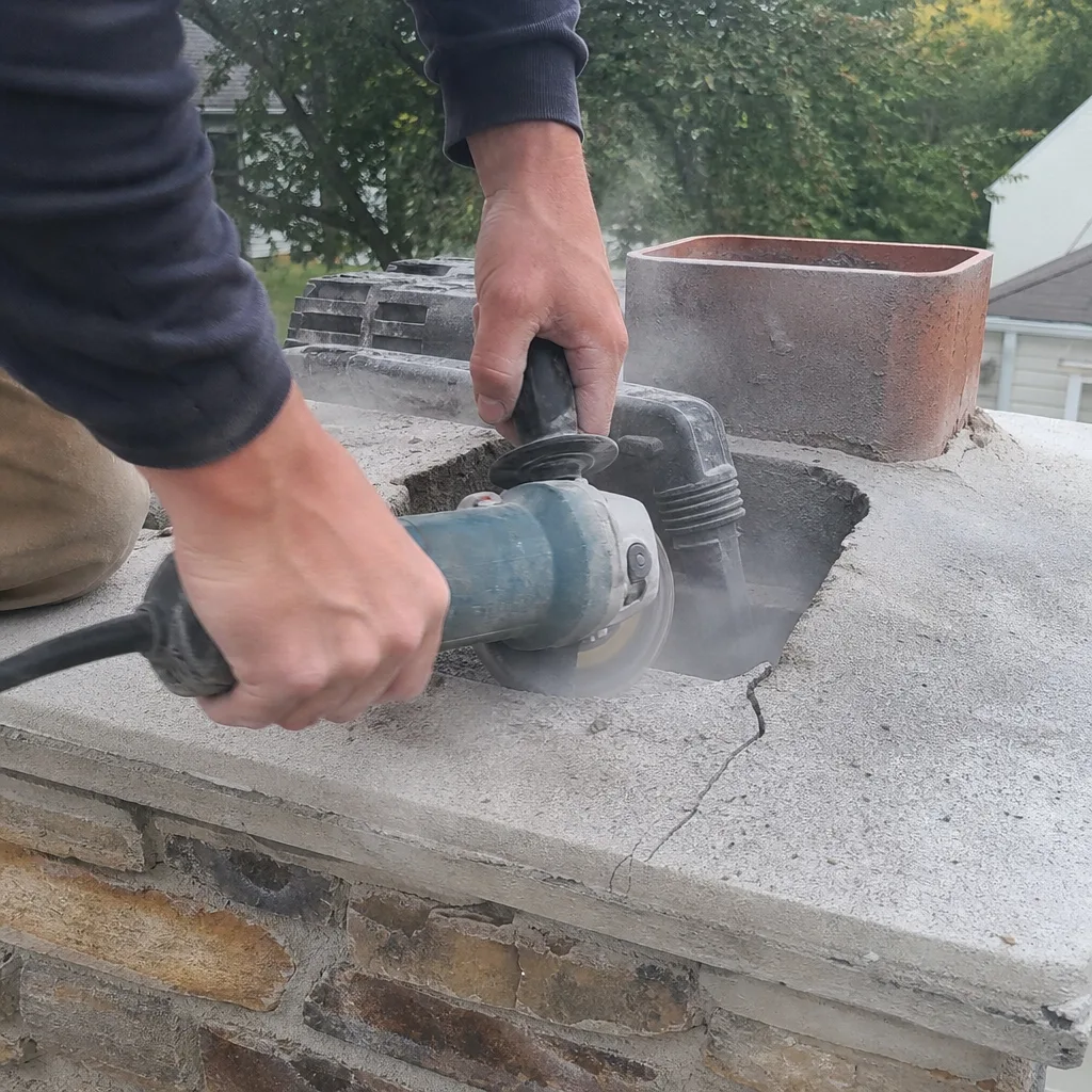 Professional performing concrete chimney crown repair with an angle grinder