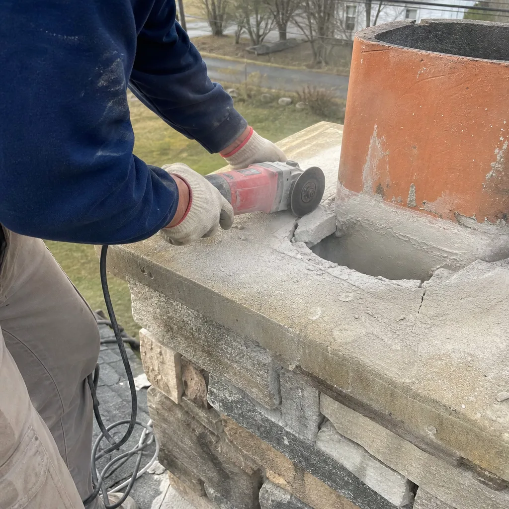 Technician performing professional chimney masonry repair using an angle grinder
