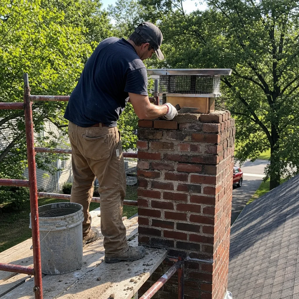Professional technician performing masonry chimney repair work from scaffolding.