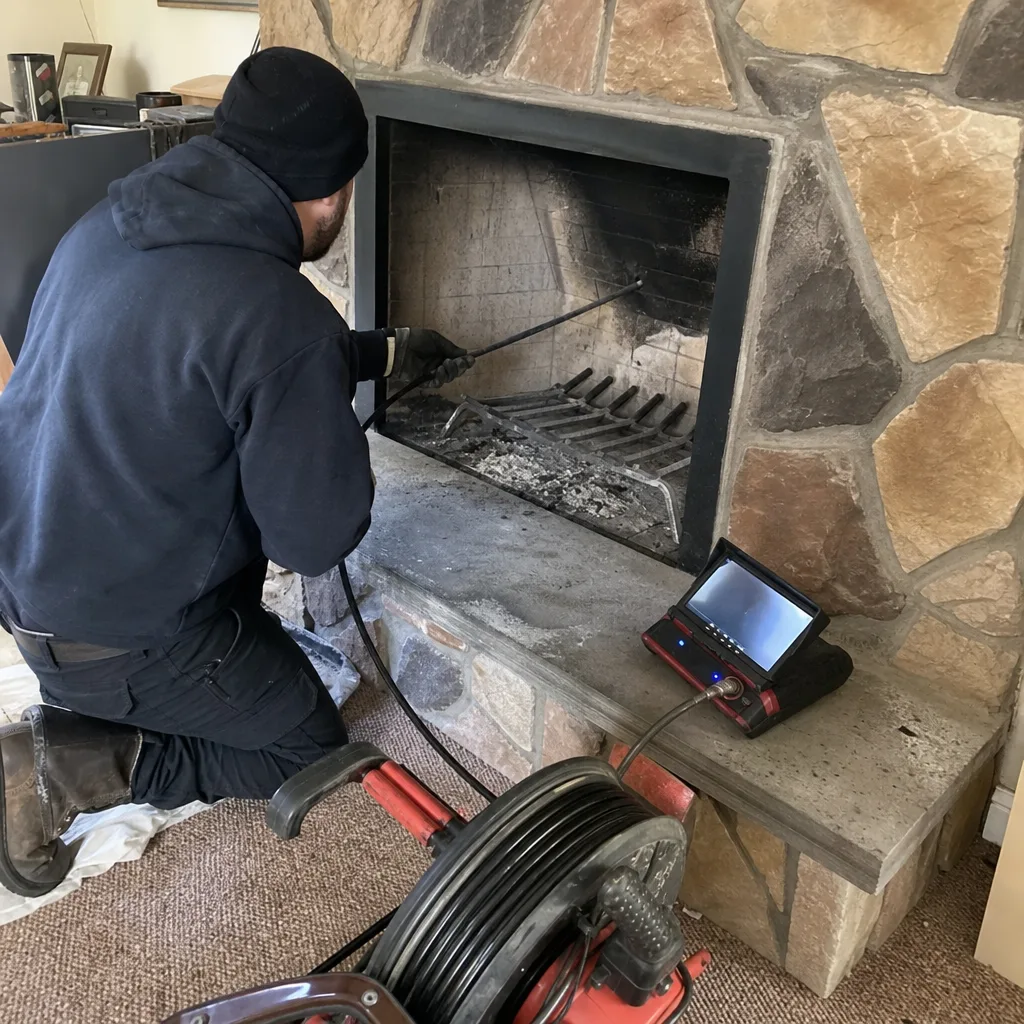 Professional technician performing a video inspection of a residential fireplace chimney