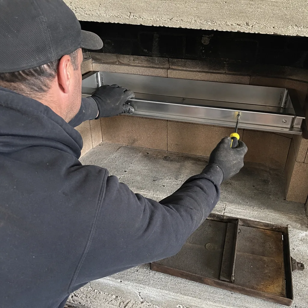 Professional technician installing a fireplace repair component inside a masonry hearth